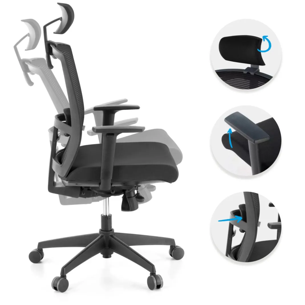 Silla de oficina Kendo, brazos ajustables, reposacabezas, red