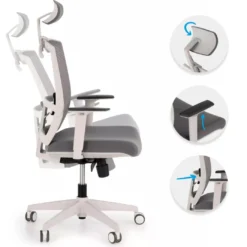 Silla de oficina Kendo white, brazos ajustables, reposacabezas, red