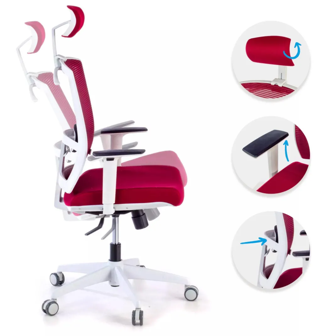 Silla de oficina Kendo white, brazos ajustables, reposacabezas, red